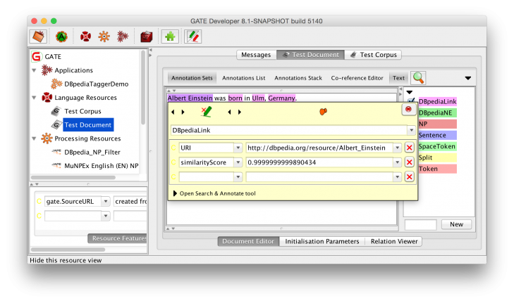 DBpediaTagger Annotation Example shown in GATE Developer